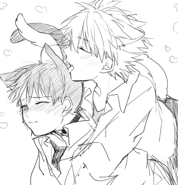 2boys, animal_ears, bad_id, bad_pixiv_id, blush, cat_boy, cat_ears, cat_tail, closed_eyes, greyscale, heart, ikari_shinji, licking, male_focus, monochrome, multiple_boys, nagisa_kaworu, neon_genesis_evangelion, short_hair, sketch, tail, tirotiro_popo, wince, yaoi