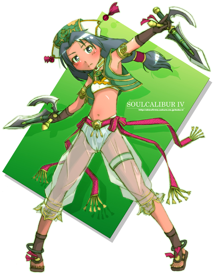 1girl, armpits, black_hair, copyright_name, dual_wielding, female_focus, gloves, hat