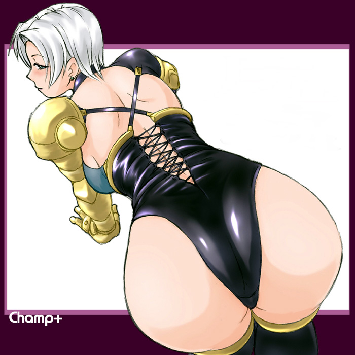 1girl, all_fours, artist_name, ass, ass_focus, back, champ+, cowboy_shot, curvy, earrings, female_focus, from_above, from_behind, huge_ass, isabella_valentine, jewelry, latex, legs_together, leotard, looking_at_viewer, looking_back, outside_border, revealing_clothes, simple_background, skin_tight, solo, soul_calibur, soulcalibur_i, thong_leotard, white_background, white_hair, wide_hips