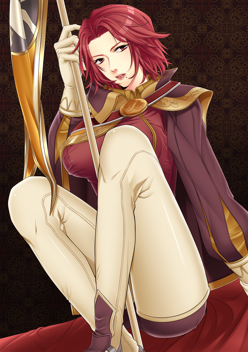 1girl, banner, breasts, female_focus, gloves, highres, hildegard_von_krone, mole, mtktc, red_eyes, red_hair, sitting, solo, soul_calibur, soulcalibur, soulcalibur_v