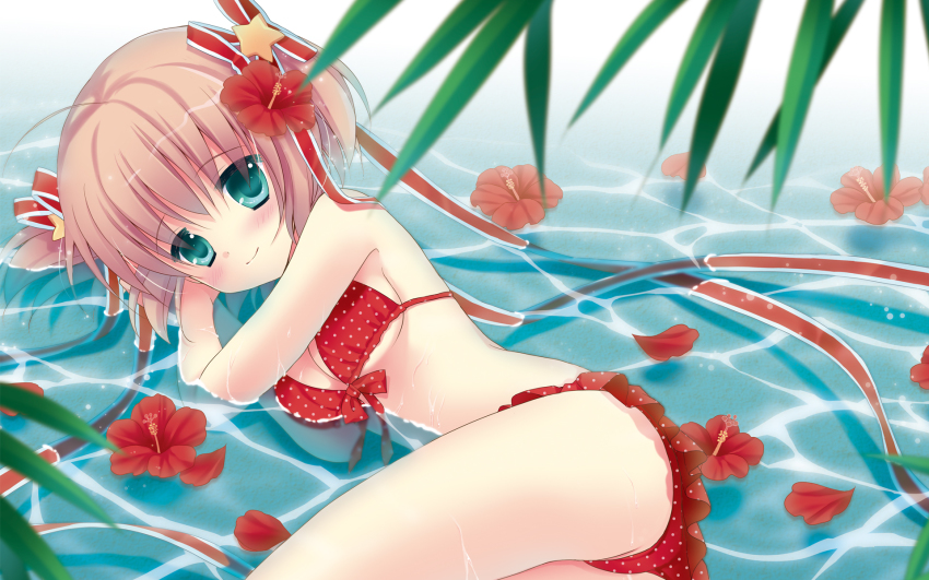 1girl, ahoge, ass, bad_id, bad_pixiv_id, bikini, bikini_skirt, blonde_hair