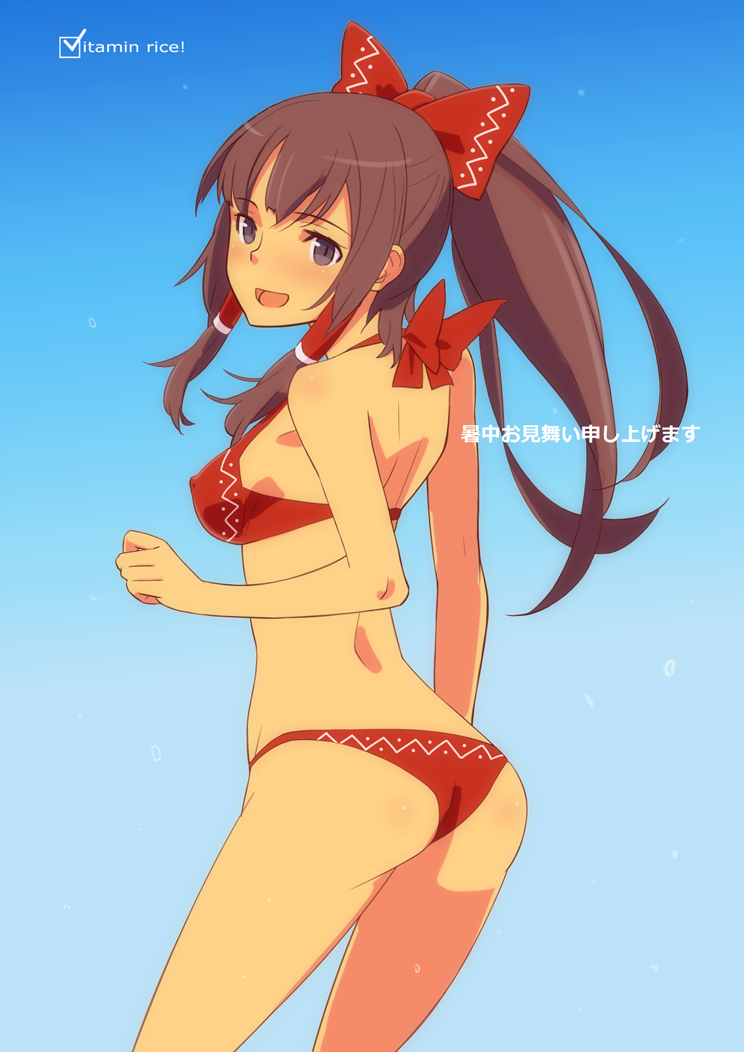 1girl, bikini, blush, bow, brown_eyes, brown_hair, covered_erect_nipples, female_focus