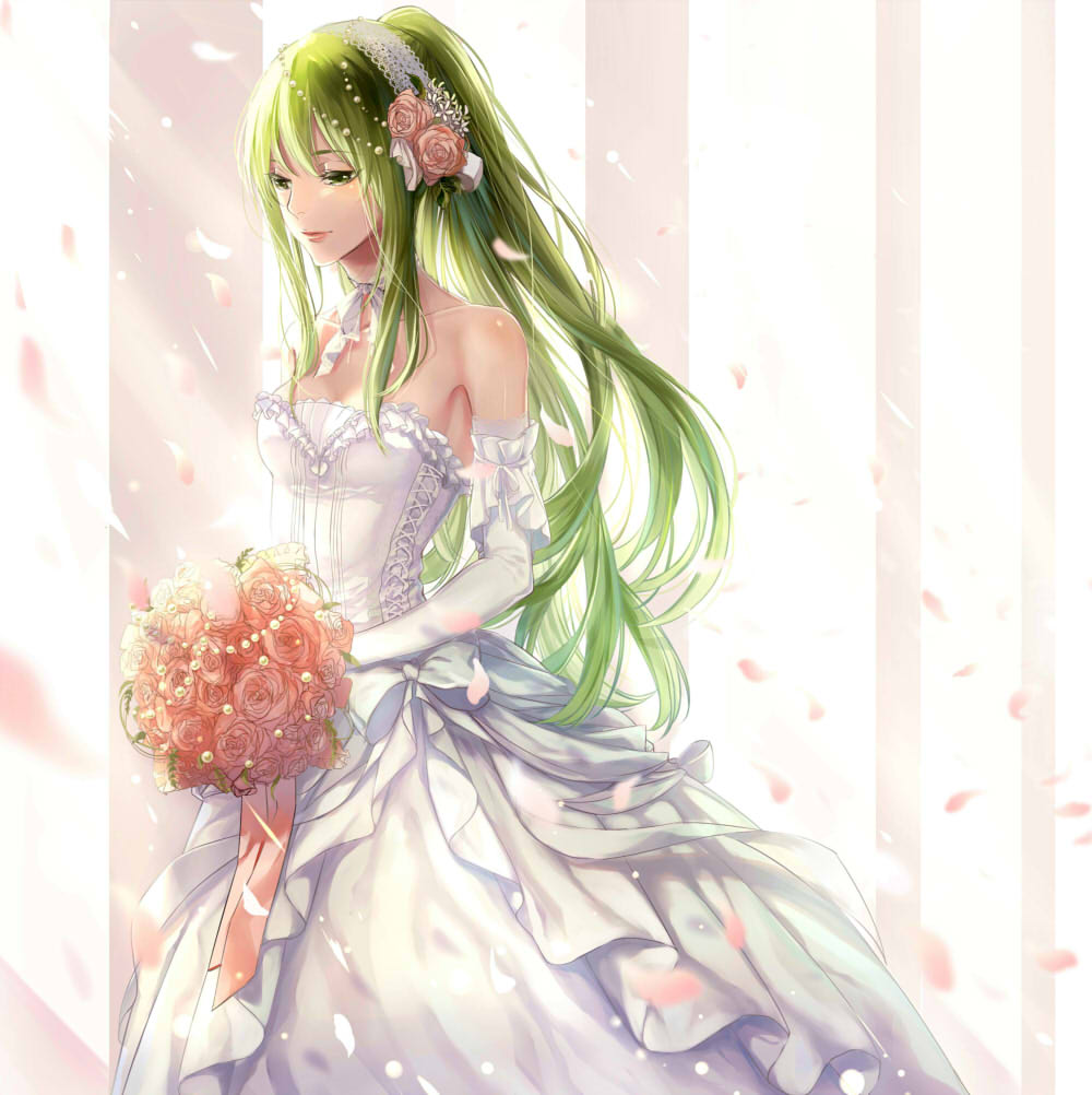 1girl, bad_id, bad_pixiv_id, bare_shoulders, bouquet, bridal_gauntlets, cherry_blossoms, collarbone