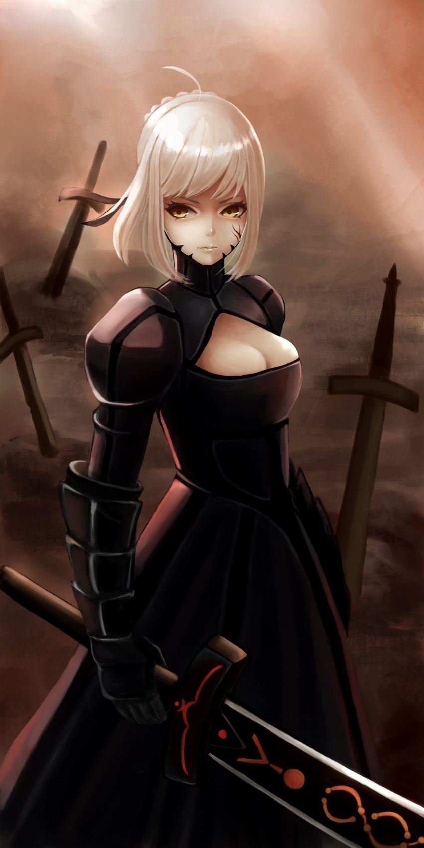 1girl, absurdres, armor, armored_dress, artoria_pendragon_(fate), blonde_hair, breasts, cleavage, cleavage_cutout, clothing_cutout, dress, excalibur_morgan_(fate), fate/stay_night, fate_(series), female_focus, field_of_blades, highres, norixio, saber_(fate), saber_alter, saber_alter_(fate/stay_night), solo, sword, weapon, yellow_eyes