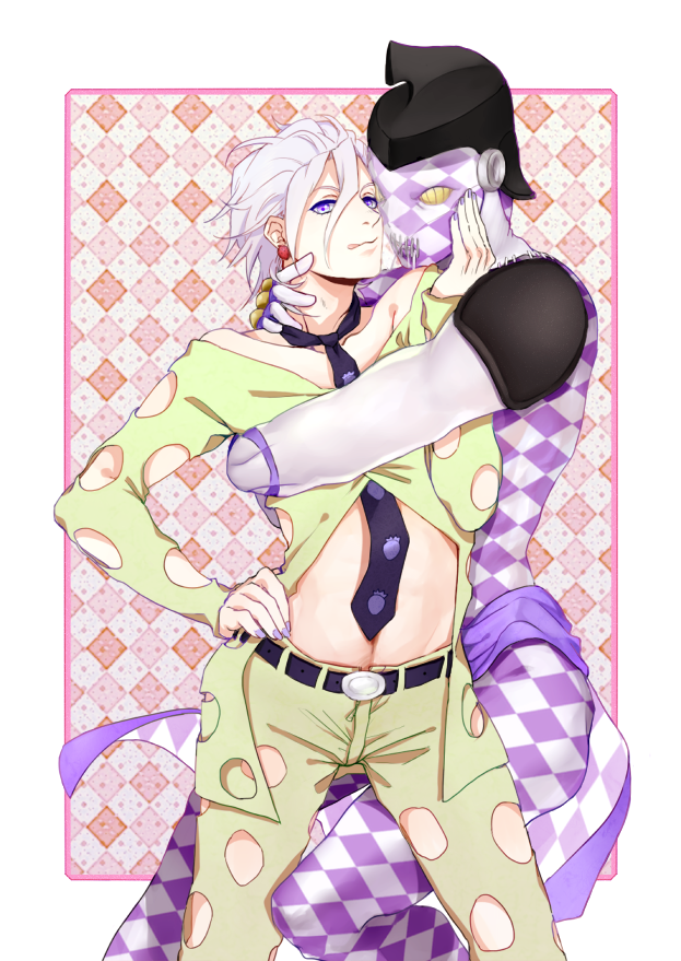 2boys, blue_eyes, cobracobbra, grey_hair, jojo_no_kimyou_na_bouken, midriff, multiple_boys, necktie