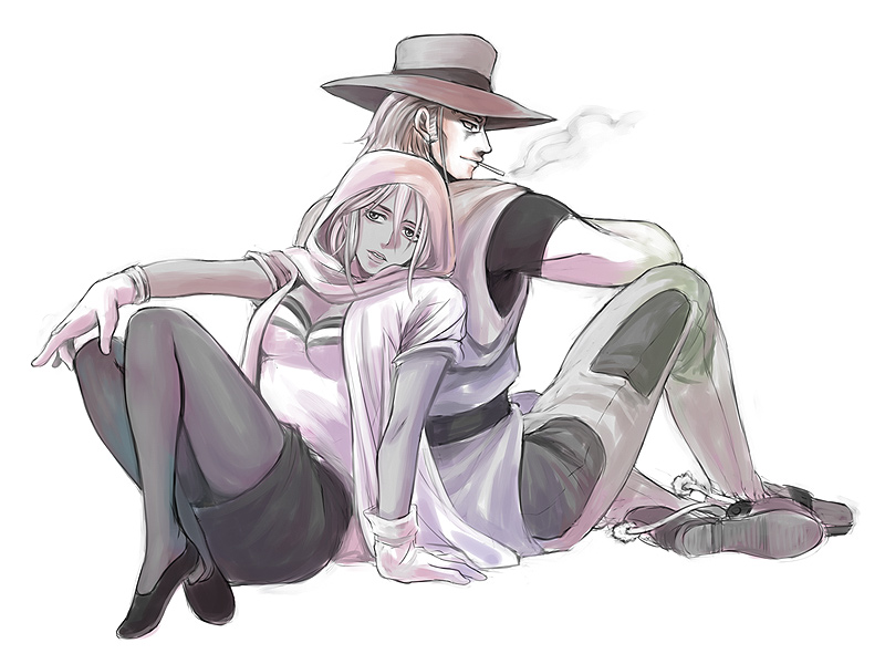 1boy, 1girl, bad_id, bad_pixiv_id, cigarette, dark_skin, hat, hol_horse