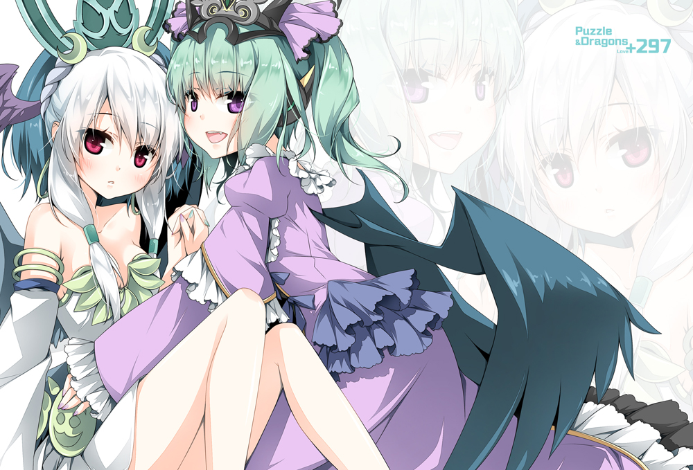 2girls, aqua_hair, astaroth_(p&amp;d), bare_shoulders, ceres_(p&amp;d), crescent, detached_sleeves, dress