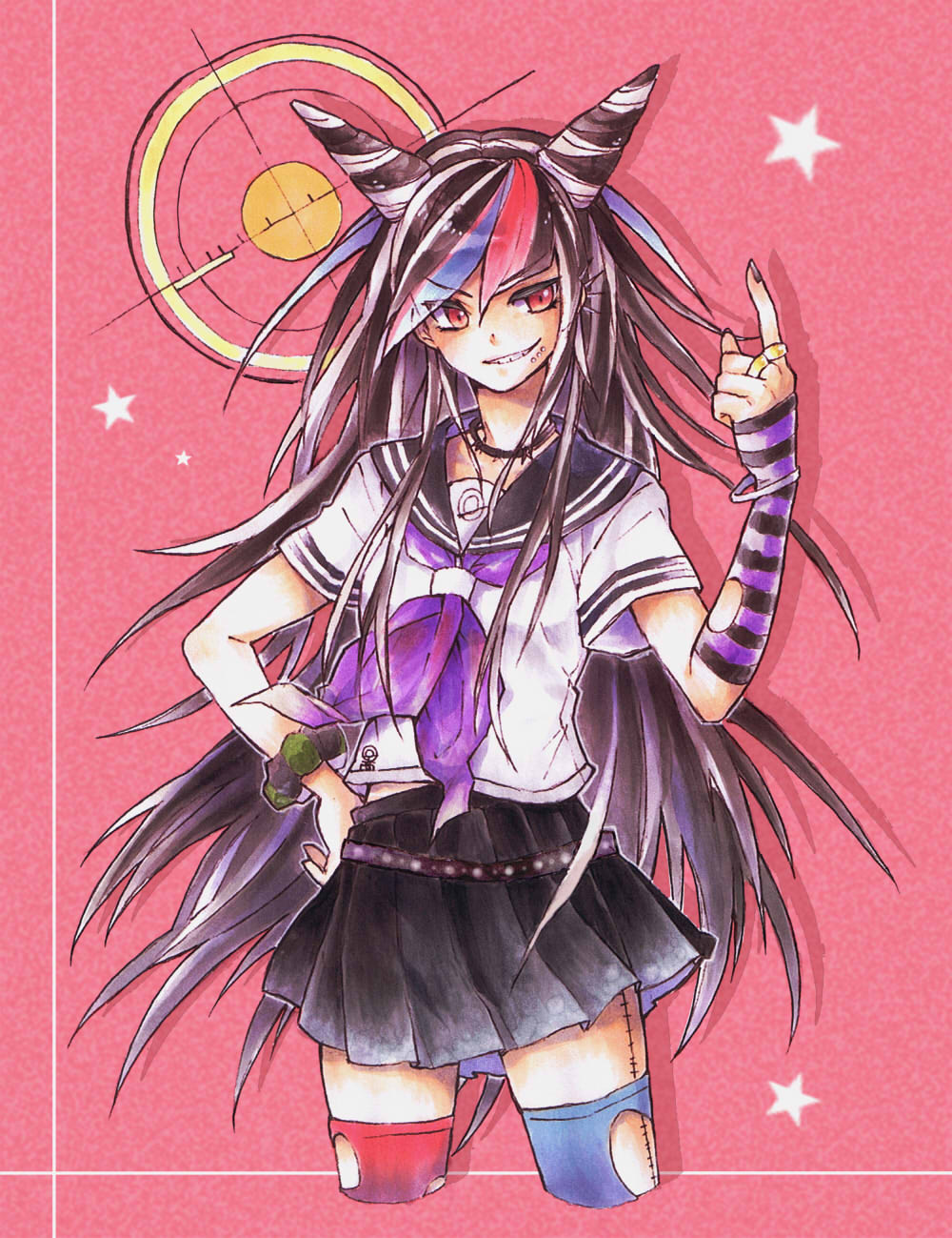 10s, 1girl, aopon16, black_hair, cone_hair_bun, danganronpa_(series), danganronpa_2:_goodbye_despair, ear_piercing, face_piercing, female_focus, hair_bun, highres, jewelry, lip_piercing, long_hair, mioda_ibuki, multicolored_hair, piercing, pink_hair, ring, school_uniform, serafuku, skirt, solo, star_(symbol), stitched, stitches, target, thighhighs, third-party_edit