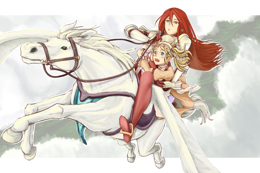 2girls, armor, blonde_hair, blue_eyes, boots, cloud, cordelia_(fire_emblem), fire_emblem
