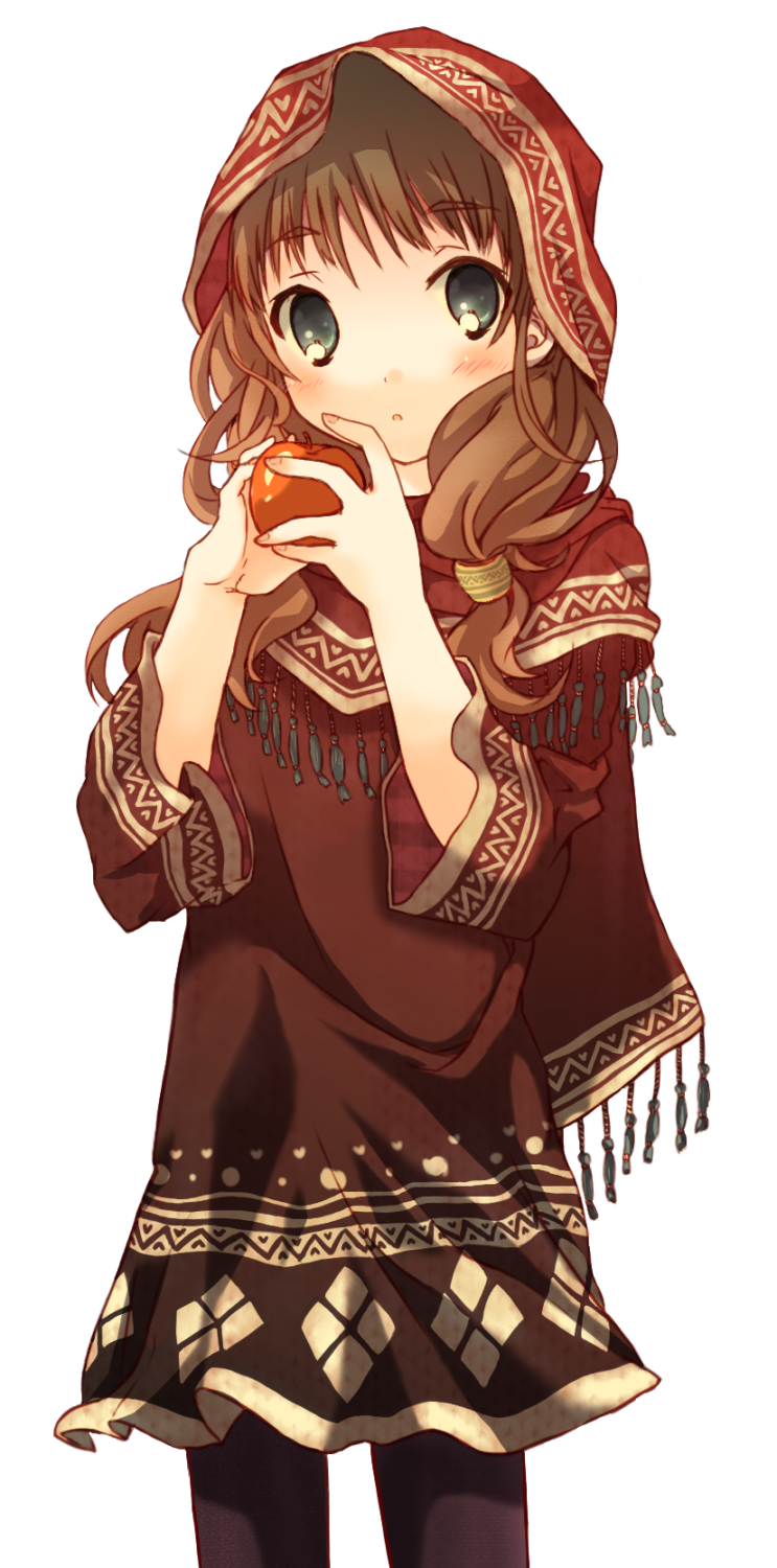 1girl, apple, blush, brown_hair, dress, female_focus, food, fruit, green_eyes, highres, hood, long_hair, original, pantyhose, scarf, simple_background, solo, transparent_background, unyoron