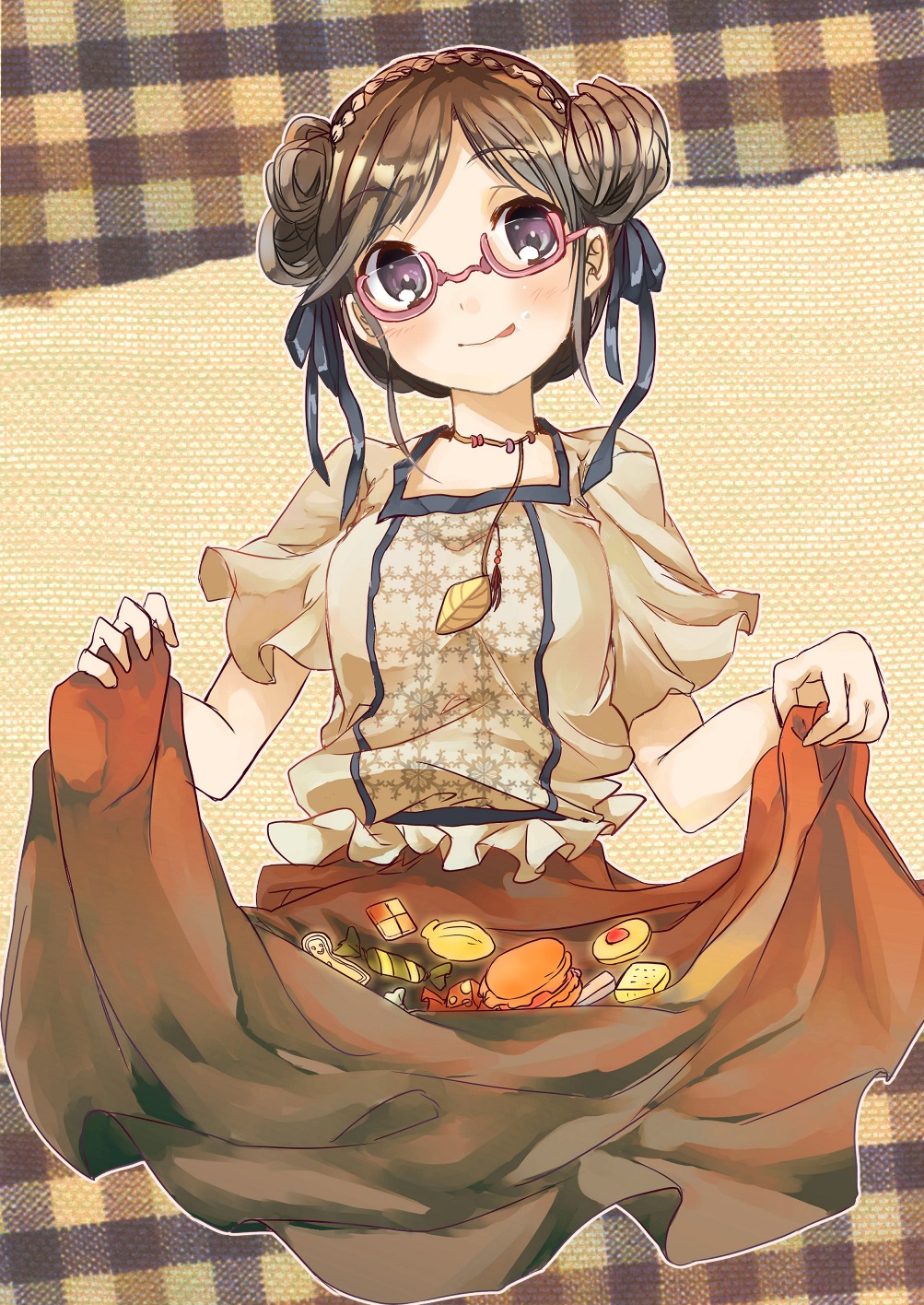1girl, :p, blush, brown_hair, female_focus, food, glasses, highres
