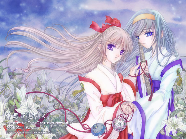 00s, 2008, 2girls, artist_name, asagiri_kusa, blonde_hair, blue_eyes, blue_hair