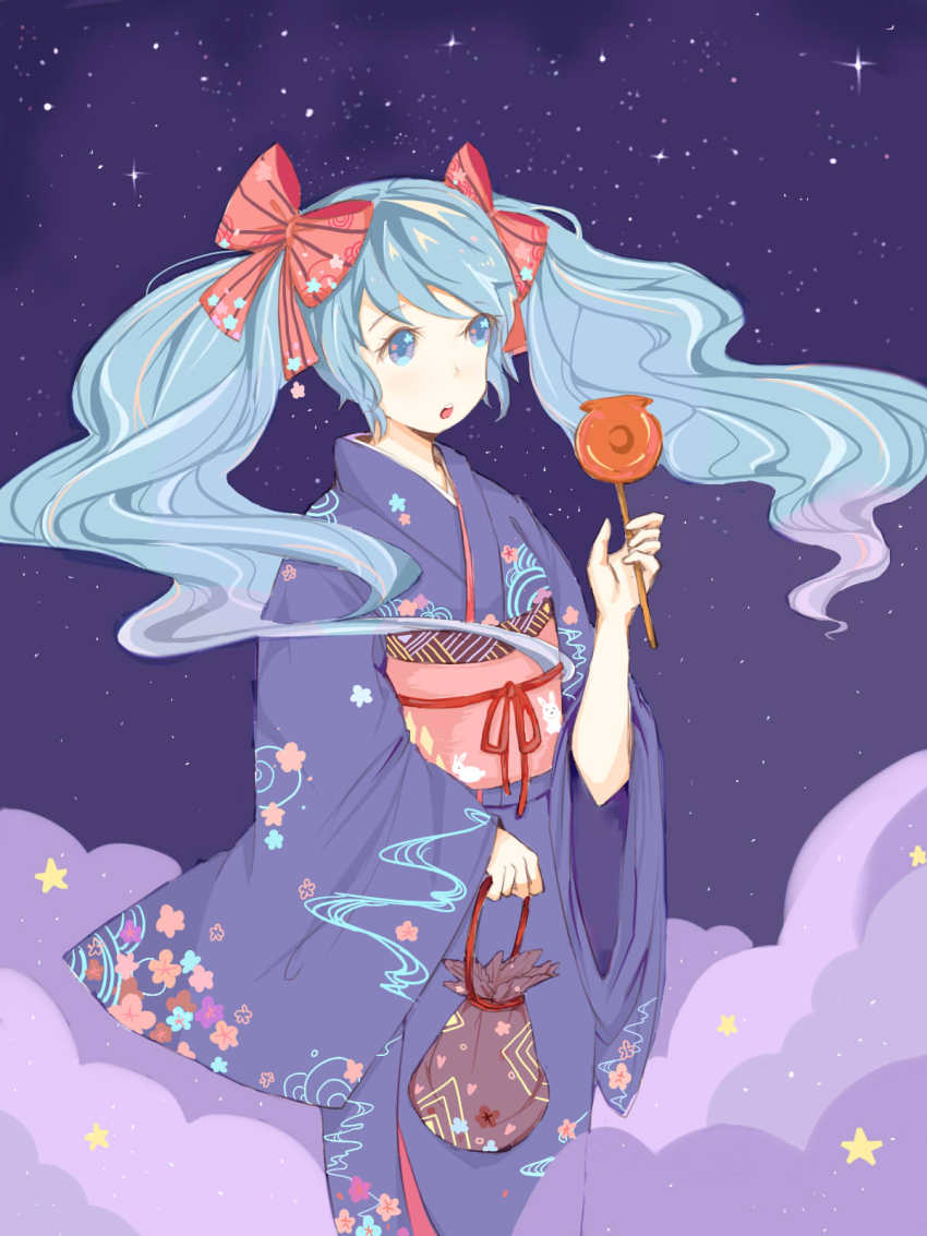 1girl, blue_eyes, blue_hair, bow, candy_apple, female_focus, food, hair_bow