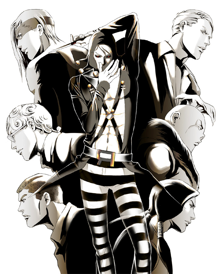 6+boys, black_sclera, colored_sclera, formaggio, ghiaccio, hat, illuso, jojo_no_kimyou_na_bouken