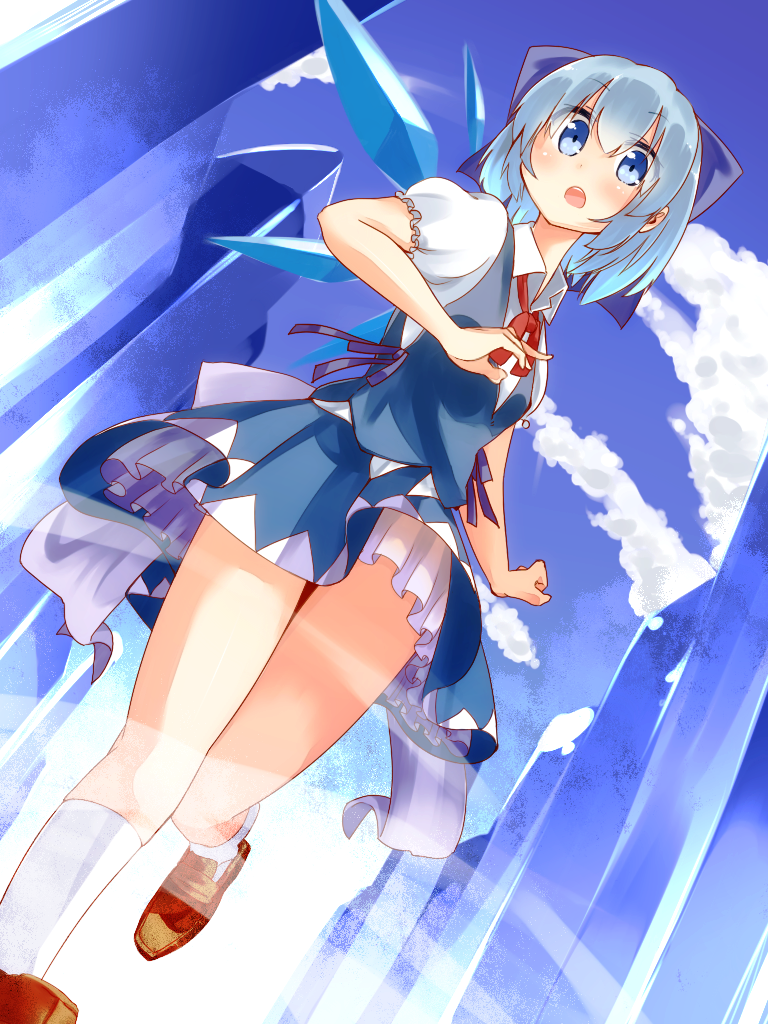 1girl, blue_eyes, blue_hair, blush, bow, cirno, female_focus, hair_bow