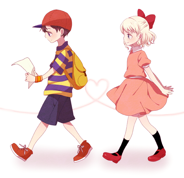1boy, 1girl, backpack, bag, black_hair, blonde_hair, blue_eyes, hat