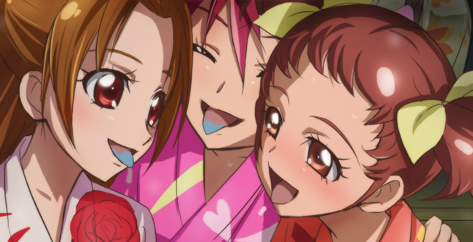3girls, aida_mana, brown_eyes, brown_hair, dokidoki!_precure, eyelashes, closed_eyes, haruyama_kazunori