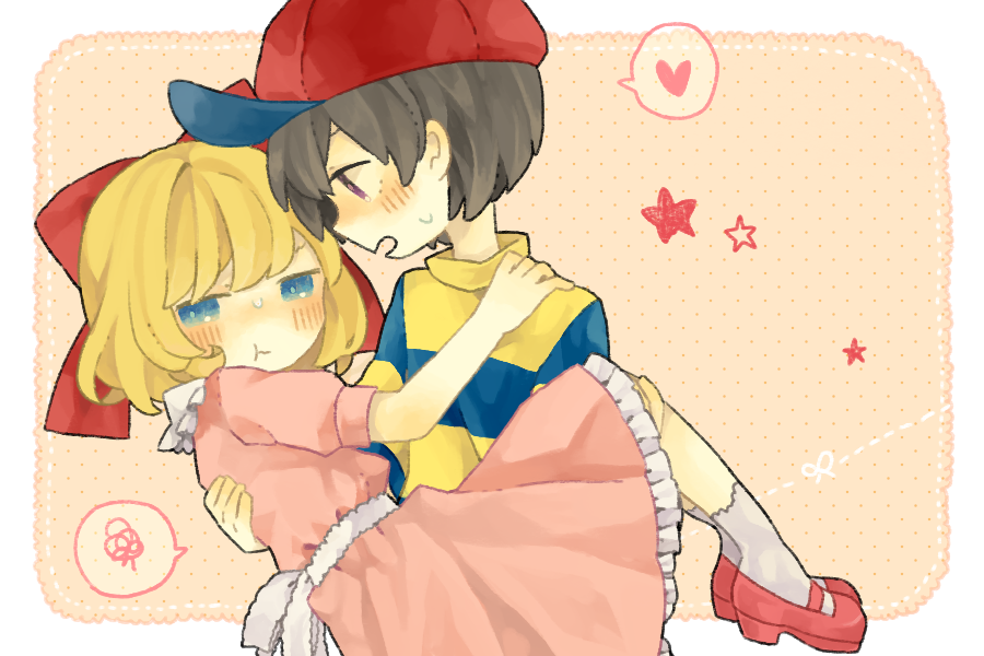 1boy, 1girl, :t, black_hair, blonde_hair, blue_eyes, blush, carrying, hat, heart, looking_at_another, mother_(series), mother_2, munuko, ness_(mother_2), nintendo, paula_(mother_2), princess_carry, ribbon, speech_bubble