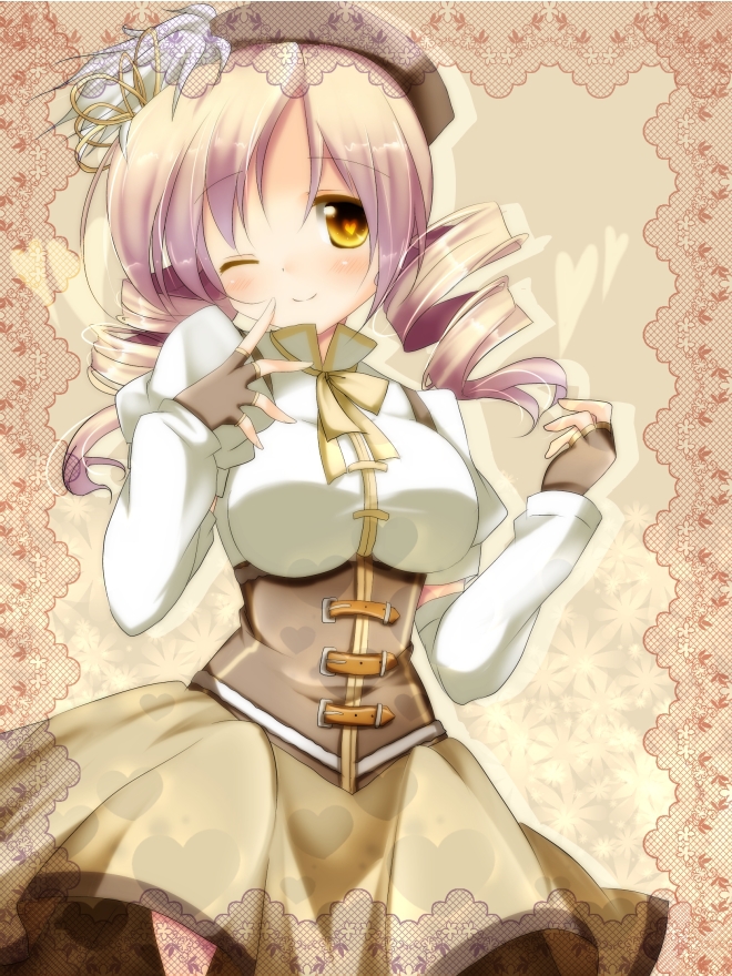 10s, 1girl, ;), arm_warmers, bad_id, bad_pixiv_id, beret, black_gloves, blonde_hair, breasts, corset, drill_hair, female_focus, fingerless_gloves, gloves, hat, large_breasts, looking_at_viewer, magical_girl, mahou_shoujo_madoka_magica, mahou_shoujo_madoka_magica_(anime), one_eye_closed, puffy_sleeves, sakura_romu, shirt, short_sleeves, skirt, smile, solo, tomoe_mami, tomoe_mami_(magical_girl), twin_drills, twintails, wink, yellow_eyes