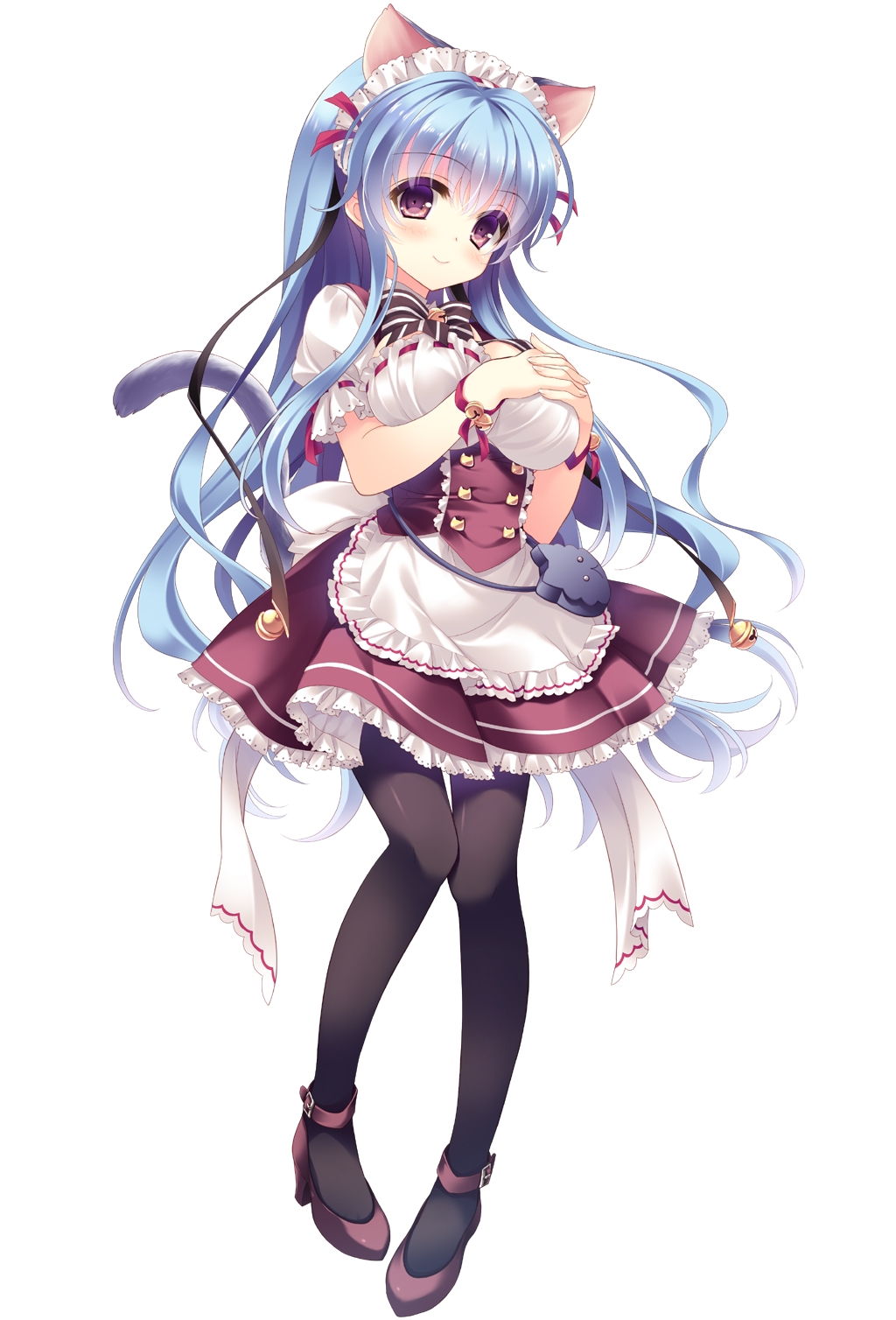 1girl, animal_ears, black_pantyhose, blue_hair, blush, breast_suppress, breasts, cat_ears, cat_girl, cat_tail, dress, female_focus, high_heels, highres, large_breasts, legs, long_hair, maid_headdress, nekoyashiki_persia, nekoyashiki_perusha, nyan_cafe_macchiato, pantyhose, purple_eyes, simple_background, smile, solo, tail, waitress, white_background, wori, yukie_(peach_candy)