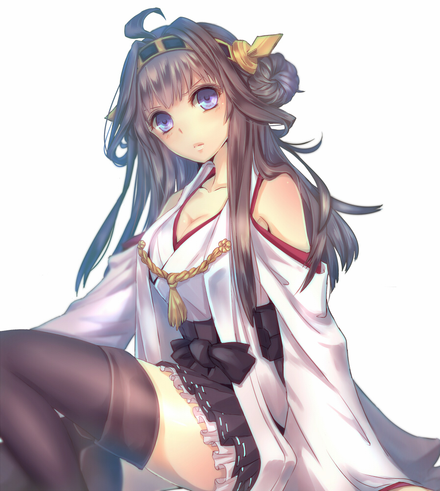 10s, 1girl, ahoge, bad_id, bad_pixiv_id, bare_shoulders, black_thighhighs, blue_eyes, breasts, brown_hair, cleavage, female_focus, kantai_collection, kongou_(kancolle), long_hair, looking_at_viewer, shintou, solo, thighhighs, thighs
