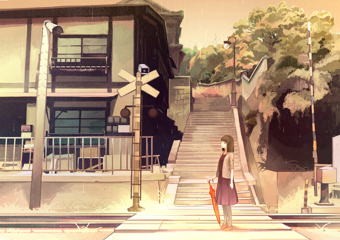 1girl, black_hair, boom_barrier, closed_umbrella, commentary_request, electricity_meter, female_focus, gemi