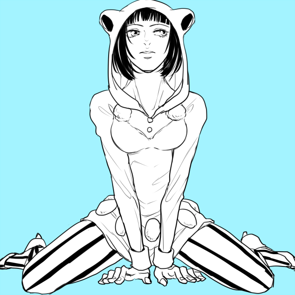 1girl, animal_ears, aqua_theme, blue_theme, fake_animal_ears, female_focus, higashikata_daiya, hood, jojo_no_kimyou_na_bouken, jojolion, kneeling, monochrome, pantyhose, solo, striped_clothes, striped_pantyhose, u_(lastcrime), vertical-striped_clothes, vertical-striped_pantyhose, z7a2048