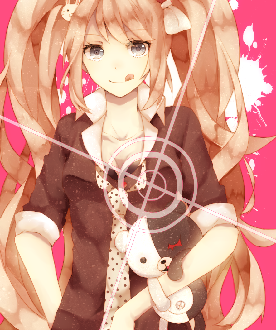 10s, 1girl, blue_eyes, bow, rabbit, collarbone, danganronpa_(series), danganronpa:_trigger_happy_havoc, enoshima_junko, gyaru, hair_bow, kogal, long_hair, monokuma, necktie, pink_hair, rian_(usamin228), rinan_(usamin228), sleeves_rolled_up, tongue, twintails, very_long_hair