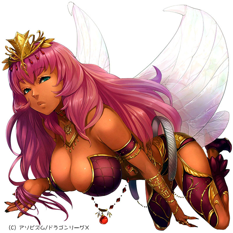 1girl, bad_id, bad_pixiv_id, bare_shoulders, breasts, cleavage, copyright_name, crown, dark-skinned_female, dark_skin, dragon_league_x, fairy_wings, female_focus, green_eyes, jewelry, large_breasts, long_hair, lots_of_jewelry, nail_polish, original, pink_hair, silver_(atelier-tengu), solo, watermark, white_background, wings