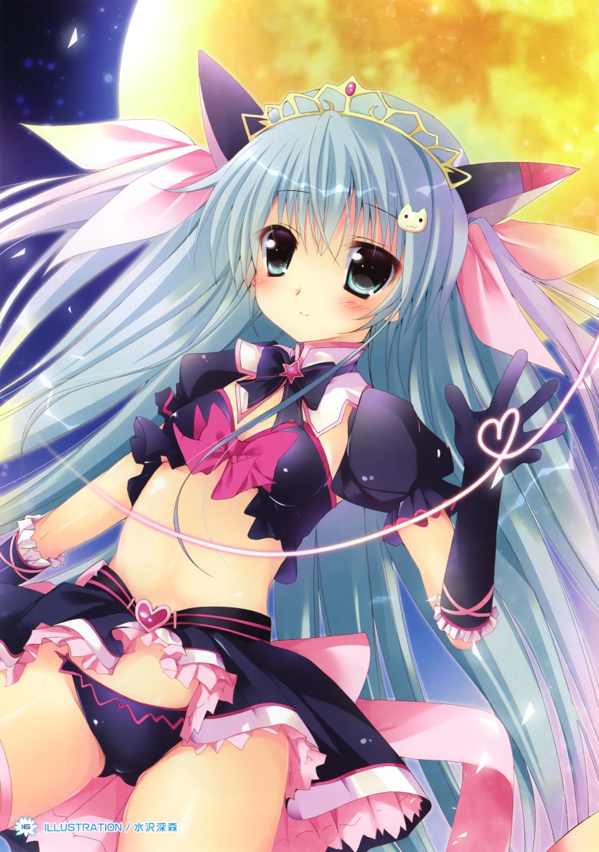 1girl, absurdres, blue_eyes, blue_hair, cat_hair_ornament, full_moon, gloves, hair_ornament, headgear, heart, highres, hoshizaki_mei, magical_girl, mizusawa_mimori, moon, open_clothes, open_skirt, panties, purple_panties, skirt, twintails, two_side_up, underwear, yumekoi