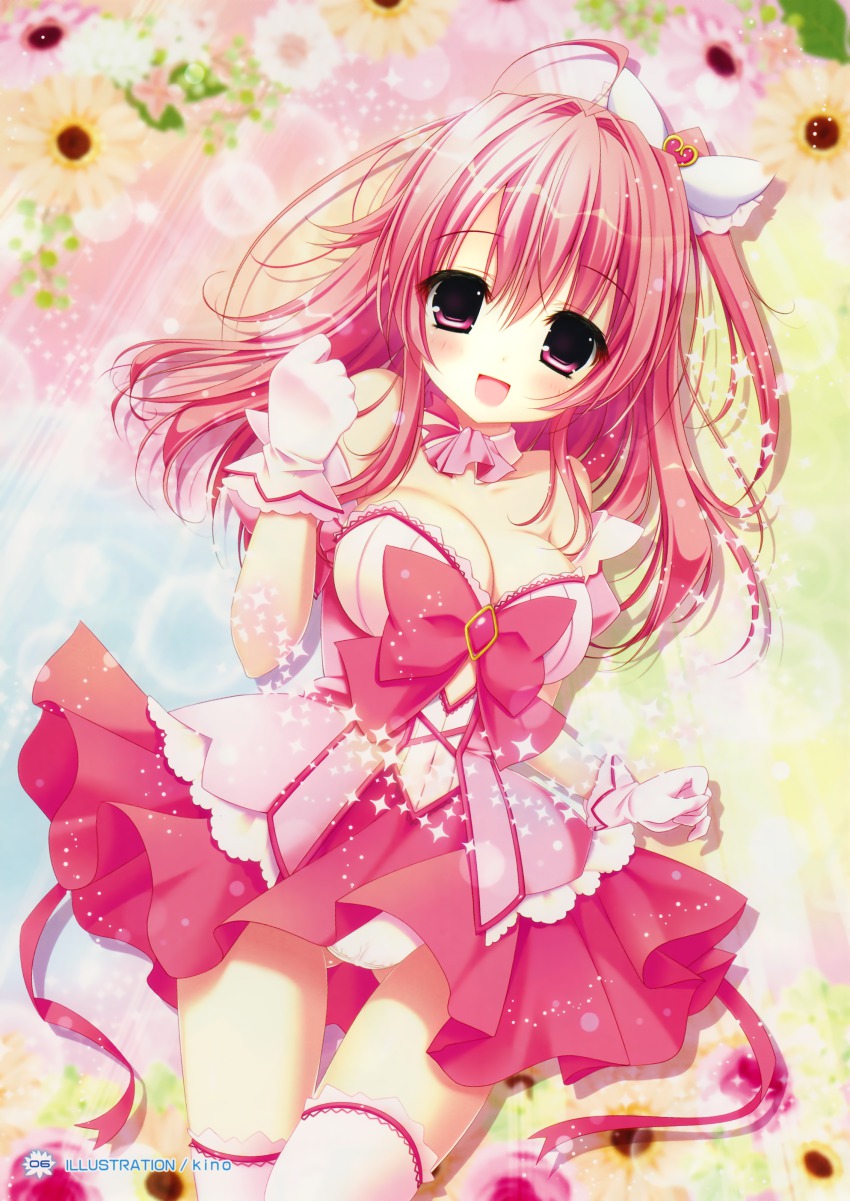 1girl, :d, absurdres, ahoge, blush, breasts, cleavage, collarbone, dress, gloves, head_tilt, highres, himenomi_miruku, kino_(kino_konomi), kino_konomi, one_side_up, open_mouth, panties, pantyhose, parasol_soft, pink_dress, pink_eyes, pink_hair, smile, sparkle, thigh_gap, thighhighs, underwear, walking, white_gloves, white_panties, white_thighhighs, yumekoi