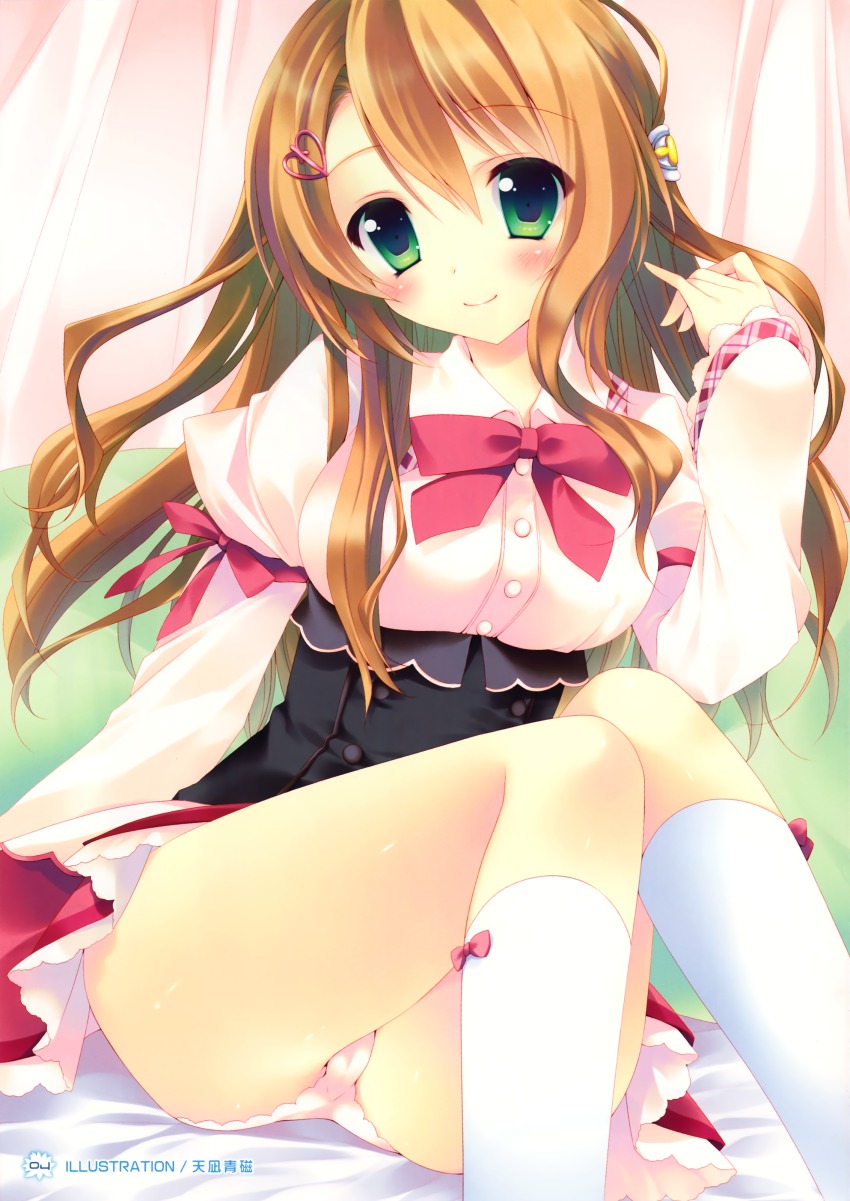 1girl, absurdres, amanagi_seiji, brown_hair, crossed_legs, female_focus, green_eyes, highres, legs, long_hair, long_sleeves, natsume_sakuya, panties, pantyshot, pink_panties, school_uniform, sitting, socks, solo, underwear, yumekoi