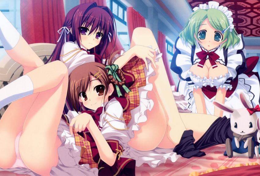 3girls, absurdres, ass, bed, black_legwear, breasts, brown_eyes, brown_hair