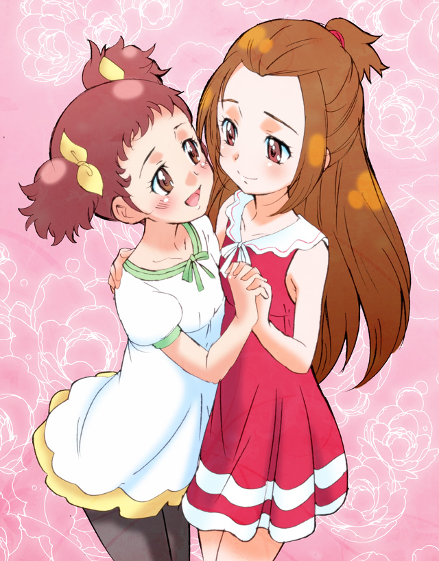 2girls, brown_eyes, brown_hair, dokidoki!_precure, dress, eye_contact, holding_hands, hikari_(mitsu_honey)