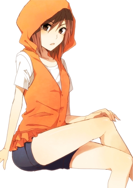1girl, brown_eyes, brown_hair, crossed_legs, female_focus, hood, hoodie, kinuhata_saiai