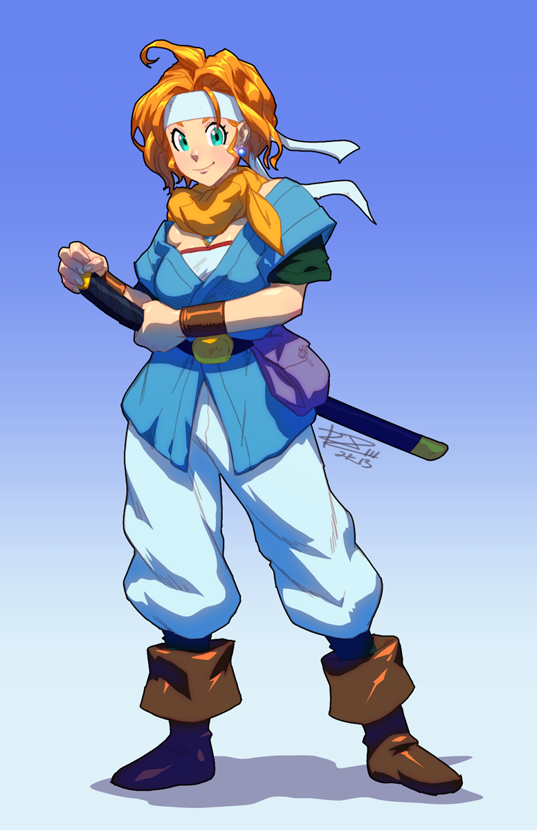 1990s_(style), 1girl, alternate_hair_length, alternate_hairstyle, bad_id, bad_tumblr_id, belt, belt_pouch, boots, bracer, chrono_(series), chrono_trigger, cosplay, crono_(chrono_trigger), crono_(cosplay), earrings, female_focus, green_eyes, headband, highres, jewelry, katana, marle_(chrono_trigger), orange_hair, pouch, retro_artstyle, robaato, scarf, sheath, sheathed, short_hair, smile, solo, sword, weapon