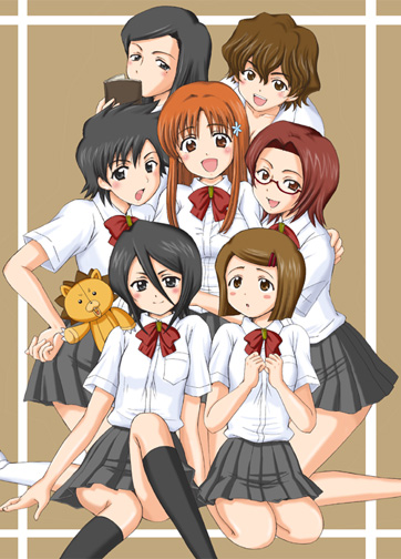 00s, 6+girls, ahoge, aoyama_reo, arisawa_tatsuki, black_hair, black_socks, bleach, blouse, blush, book, bow, brown_hair, collared_shirt, doll, everyone, glasses, hair_between_eyes, hair_ornament, hairclip, hand_on_own_hip, hip_focus, honshou_chizuru, hug, inoue_orihime, karakura_high_school_uniform, kneehighs, kneeling, kon_(bleach), kuchiki_rukia, kunieda_ryo, kunieda_ryou, long_hair, miniskirt, multiple_girls, natsui_mahana, ogawa_michiru, oogawa_michiru, orange_hair, parted_bangs, red_hair, school_uniform, serafuku, shirt, short_hair, sitting, skirt, smile, socks, stuffed_animal, stuffed_lion, stuffed_toy, swept_bangs, white_shirt