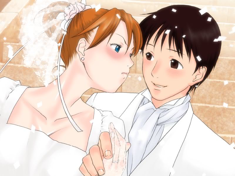 1boy, 1girl, black_hair, blue_eyes, blush, bride, brown_eyes, brown_hair