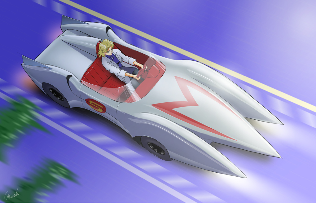 akagi_ritsuko, blonde_hair, car, crossover, lab_coat, mach_5, mach_go_go_go, mash, motor_vehicle, neon_genesis_evangelion, race_vehicle, racecar, red_upholstery