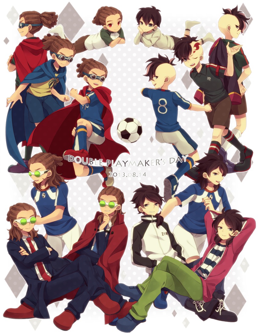 10s, 2boys, age_progression, armband, ball, brown_hair, cape, dreadlocks