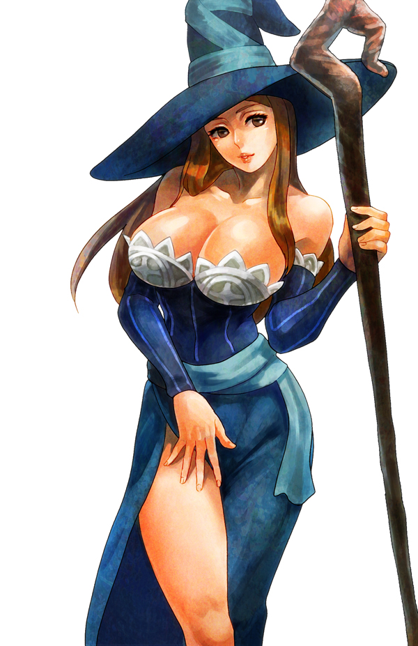 1girl, bare_shoulders, breasts, brown_eyes, brown_hair, cleavage, detached_sleeves, dragon's_crown, female_focus, hat, large_breasts, long_hair, looking_at_viewer, mizuki_apple, no_bra, simple_background, smile, solo, sorceress_(dragon's_crown), staff, standing, white_background, witch_hat