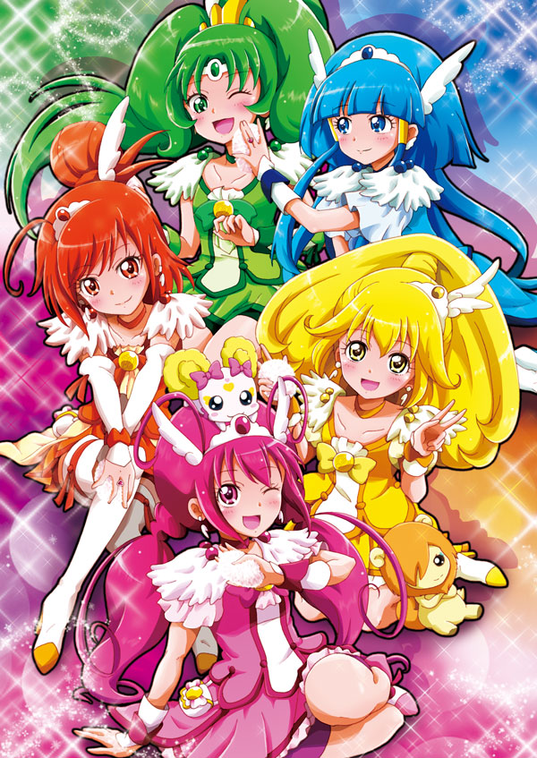 10s, 5girls, :d, ;d, aoki_reika, bike_shorts, blonde_hair, blue_dress