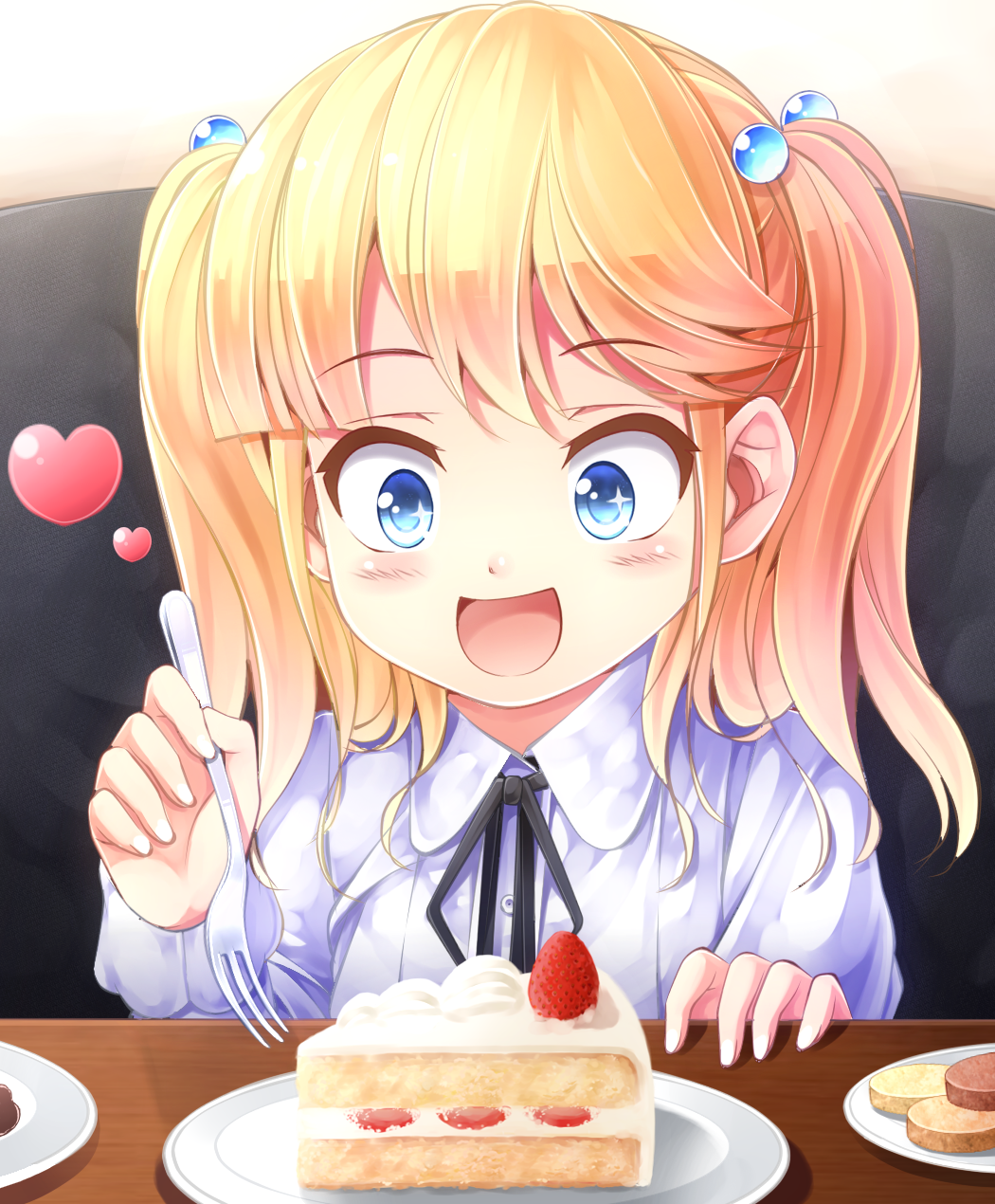 1girl, :d, bad_id, bad_pixiv_id, blonde_hair, blue_eyes, blush, cake, female_focus, food, fork, hair_bobbles, hair_ornament, heart, highres, jikkyou_powerful_pro_yakyuu, komimiyako, long_hair, open_mouth, plate, power_pro-kun_pocket_8, power_pro-kun_pocket, smile, solo, two_side_up, yukishiro_touko