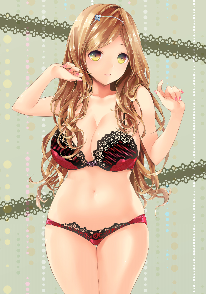 1girl, bad_id, bad_pixiv_id, blue_eyes, bra, breasts, brown_hair, cleavage, female_focus, hair_ornament, hands_up, jinkei, lace, lace_bra, large_breasts, lingerie, long_hair, multicolored_eyes, nail_polish, orange_eyes, original, panties, plump, purple_eyes, red_bra, red_eyes, red_panties, smile, solo, thigh_gap, underwear, underwear_only, yellow_eyes