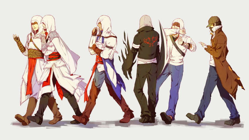6+boys, absurdres, aiden_pearce, alex_mercer, altair_ibn_la-ahad, assassin's_creed, assassin's_creed:_brotherhood, assassin's_creed_(series), assassin's_creed_ii, assassin's_creed_iii, beard, blade, brown_hair, cape, coat, connor_kenway, crossover, desmond_miles, ezio_auditore_da_firenze, facial_hair, gloves, hat, highres, hood, jacket, male_focus, multiple_boys, odd_one_out, prototype_(game), qi_hui, trench_coat, watch_dogs