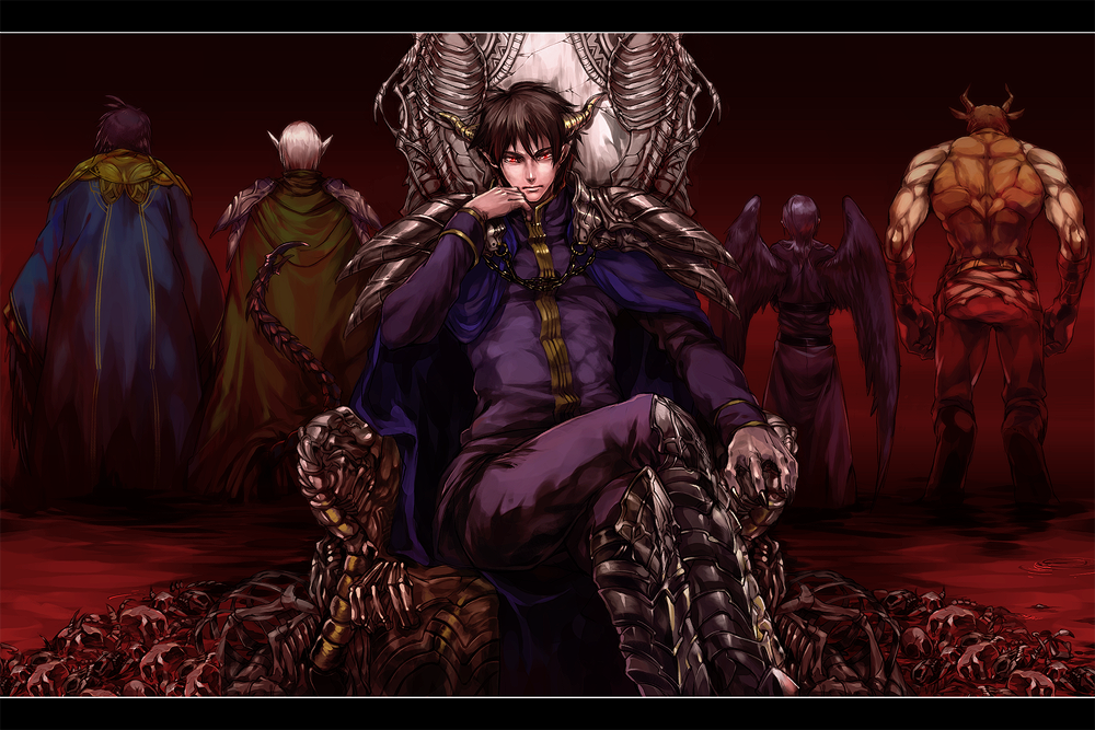 5boys, adramelech_(hataraku_maou-sama!), alciel, alciel_(hataraku_maou-sama!), armor, ashiya_shirou, bad_id, bad_pixiv_id, demon, demon_boy, hataraku_maou-sama!, horns, karasuneko1313, lucifer_(hataraku_maou-sama!), malacoda_(hataraku_maou-sama!), maou_sadao, minotaur, multiple_boys, muscular, on_throne, pauldrons, pointy_ears, red_eyes, robe, satan_jacob, shoulder_armor, sitting, tail, throne, urushihara_hanzou, wings