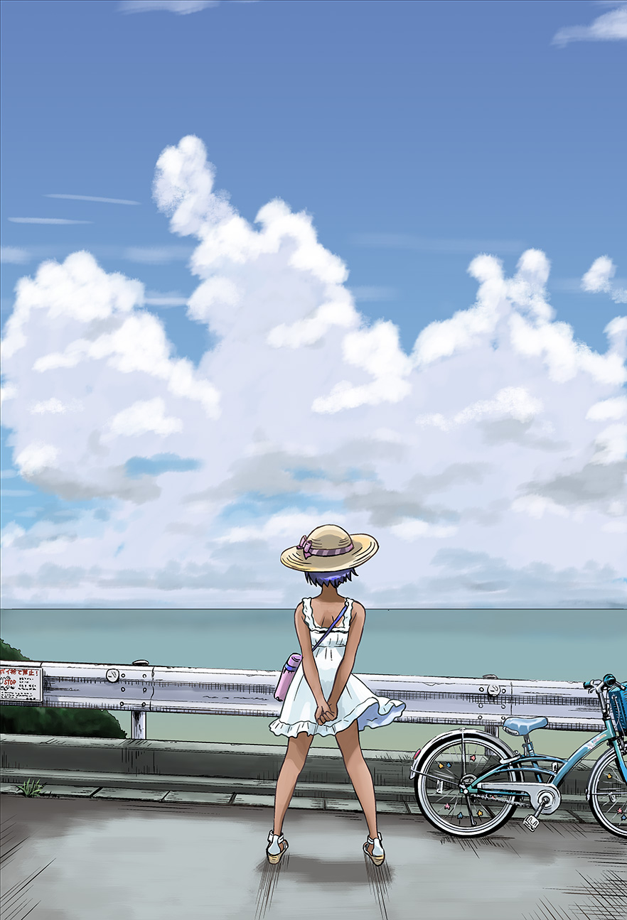 1girl, arms_behind_back, back, bag, bare_arms, bare_legs, bare_shoulders, basket, bicycle, blue_hair, blue_sky, cloud, day, dress, female_focus, from_behind, guard_rail, hat, hat_ribbon, highres, horizon, kurayami_joe, legs_apart, nape, no_socks, ocean, original, outdoors, own_hands_together, pavement, ribbon, road, shoes, shoulder_bag, sign, sky, sleeveless, sleeveless_dress, solo, standing, striped_ribbon, sundress, tan, white_dress, white_shoes, wide_shot, wind