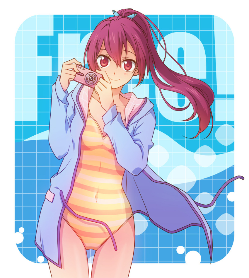 10s, 1girl, camera, casual_one-piece_swimsuit, free!, highres, hood, hoodie