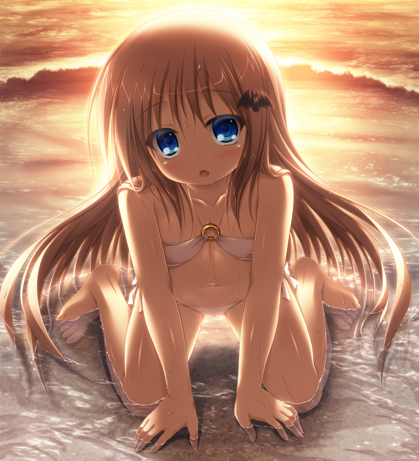 1girl, absurdres, all_fours, backlighting, barefoot, beach, bikini, blonde_hair
