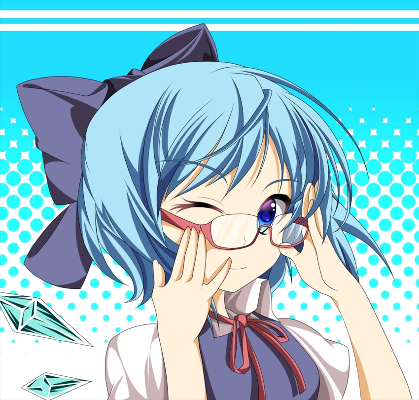 1girl, adjusting_eyewear, bad_id, bad_pixiv_id, bespectacled, blue_dress, blue_eyes, blue_hair